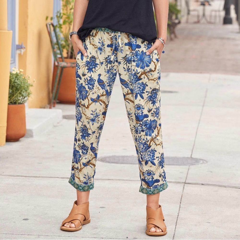 Sundance Cropped Leia Pants Floral Blue Relaxed Lounge Bohemian Peacock size SP - Picture 1 of 12
